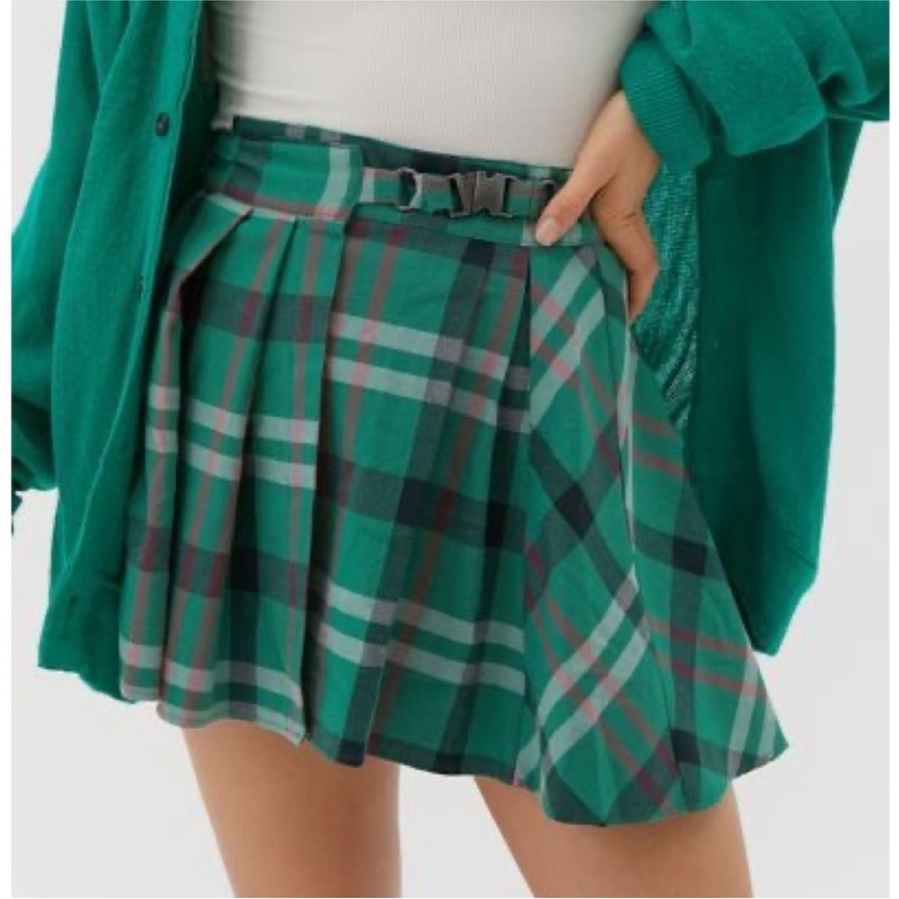 UO Plaid Green Pleated Marianne Buckle Skirt
